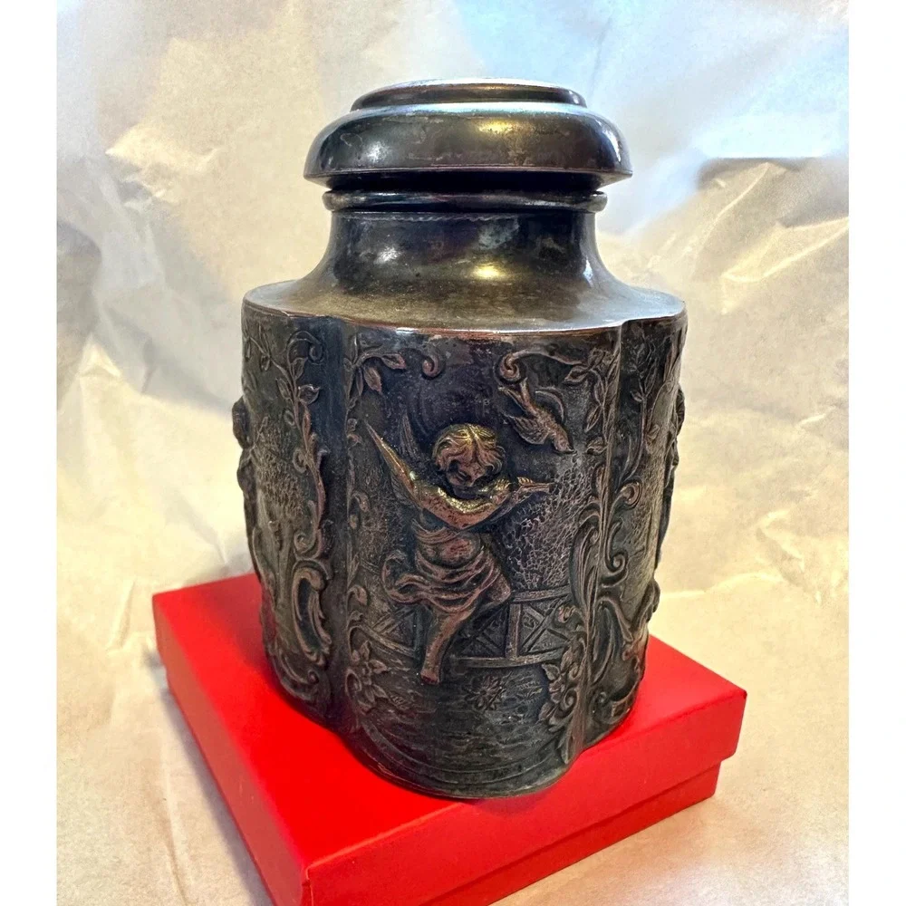 Antique‎ English Tea Caddy Silver over Copper Cherubs Children